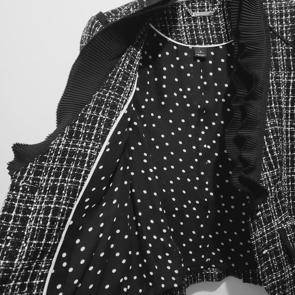 White House Black Market Black & White Tweed Blazer with Silky Ruffle Trim - Picture 9 of 13